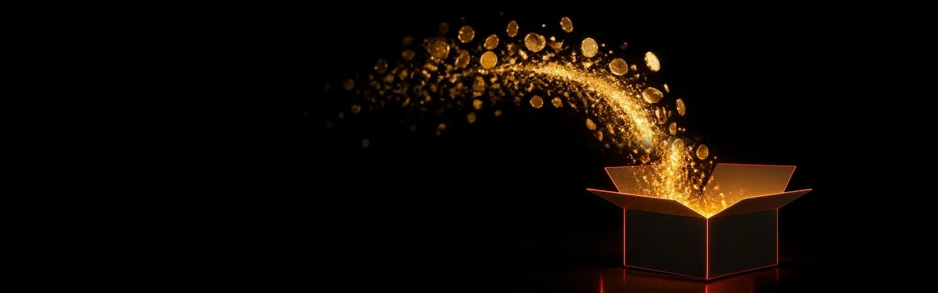 Gold coins rising from an open parts box, black background