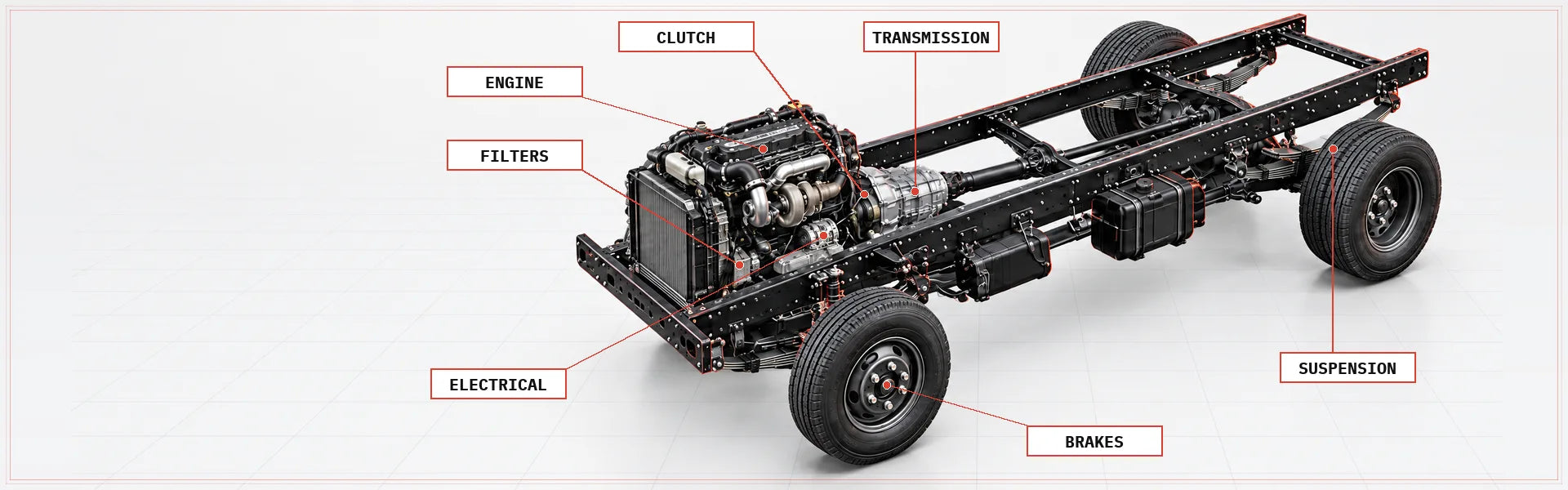 Isuzu truck chassis with tags for engine, clutch, transmission, suspension, filters, electrical and brakes