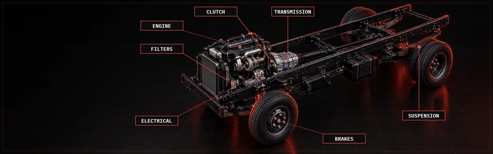 Isuzu truck chassis with tags for engine, clutch, transmission, suspension, filters, electrical and brakes