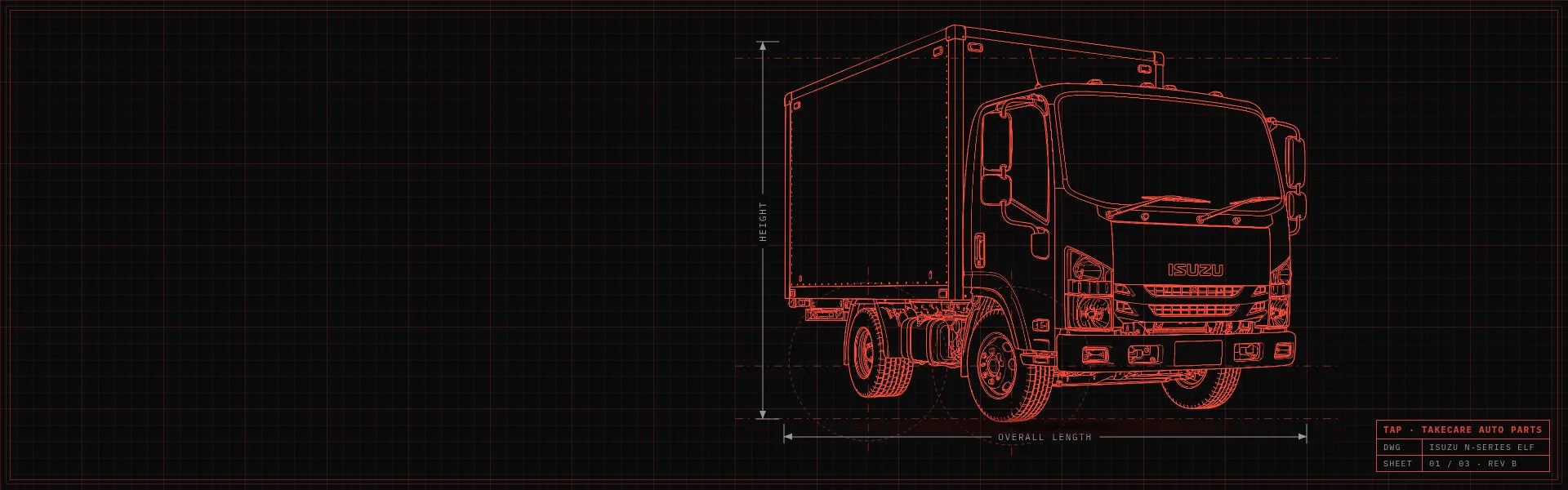 Red blueprint line drawing of an Isuzu ELF N-series truck on a white grid