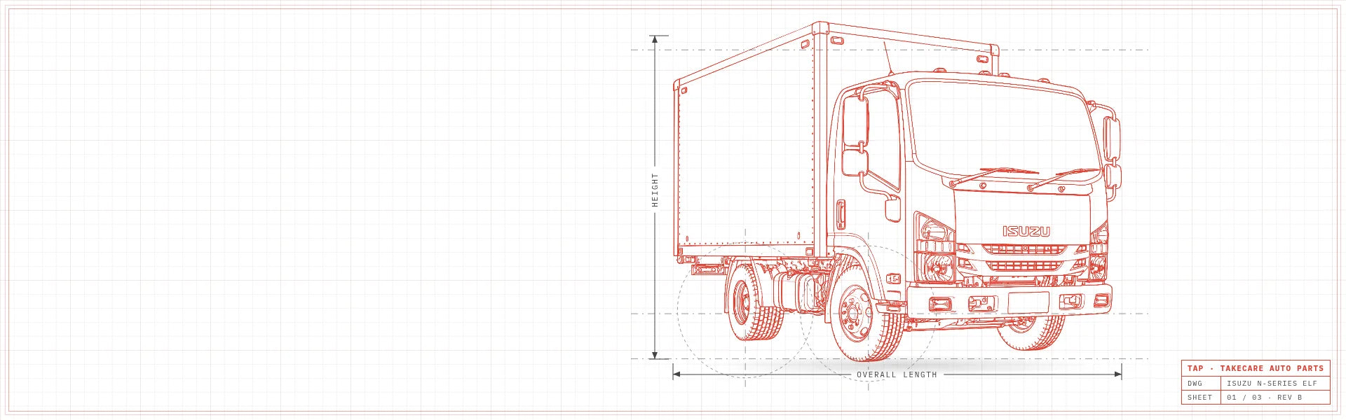 Red blueprint line drawing of an Isuzu ELF N-series truck on a white grid